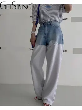 Getspring pantalone donna Capris 2023 primavera autunno Retro vita alta Denim cucito tutto abbinato pantaloni larghi Casual lunghi e larghi 1
