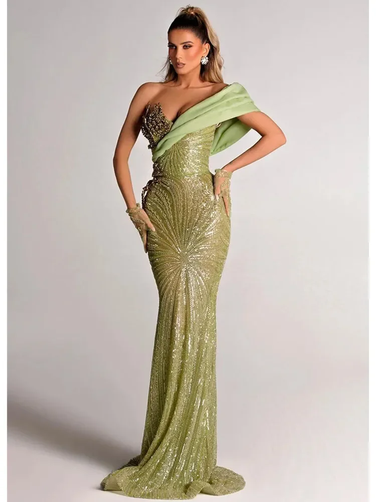 

Luxury Designer Women Prom Gowns Elegant Light Green Off Shoulder Patchwork Sequines Embroidery Maxi Long Evening Party Dress
