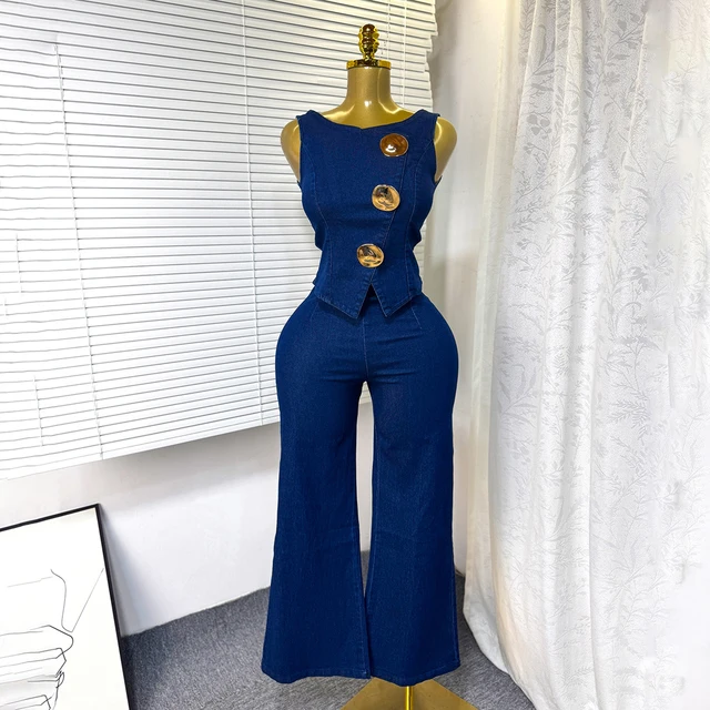 Fashion Denim Women Loungewear Sets Sleeveless Button Tank Tops and Wide Leg Jean Pants Suit 2025 Holiday Outfits 2 Piece Set 2