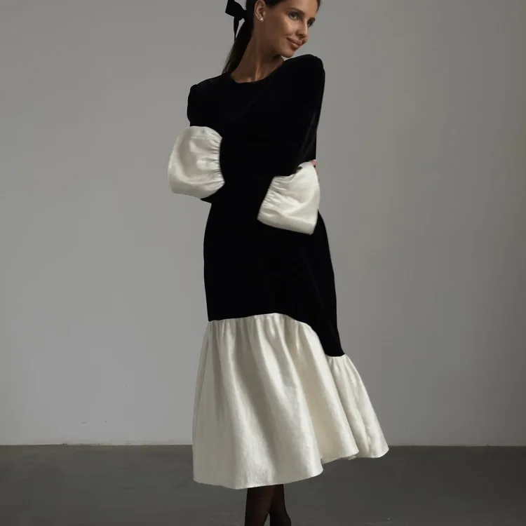 Fashion Autumn Patchwork Long Dress Women's High Waist Elegant Commute Contrast Loose Dress Female Party Maxi Dress