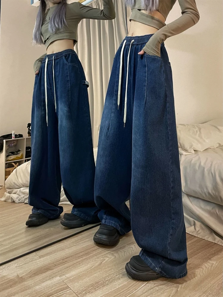 QWEEK Jeans larghi Vintage da donna Y2K elastico a vita alta pantaloni Streetwear oversize Denim gamba larga pantaloni di base dritti primavera