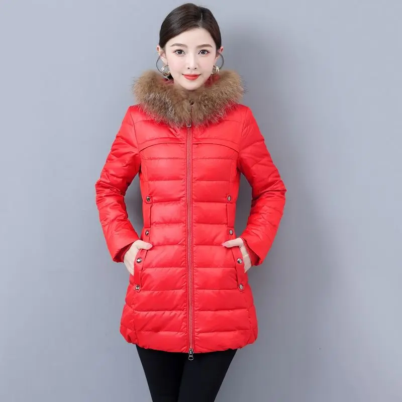 2023 New Women Down Jacket Winter Coat Female Mid Length Version Parkas Slim Fit Thick Warm Outwear Hooded Fur Collar Overcoat