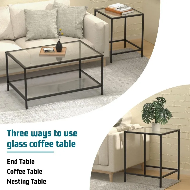Nesting Coffee Table,Small Glass Coffee Table Set of 2, Modern Square Sofa Side Tea Table Black，Gold 5