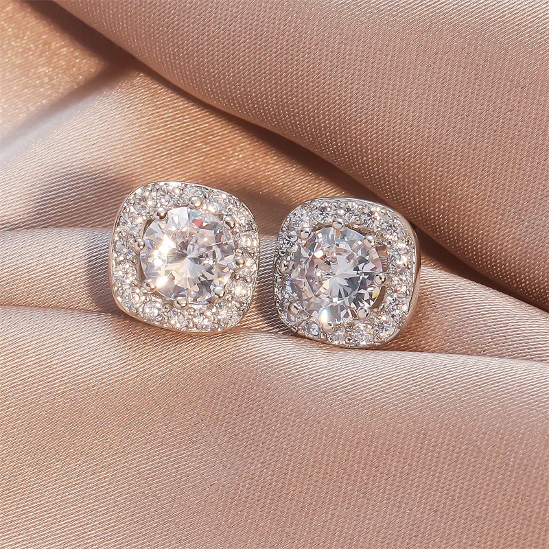 ZAKOL Classic White Square CZ Stud Earrings For Women Exquisite Round Cubic Zirconia Crystal Ear Jewelry Gift