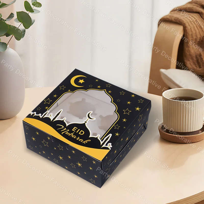 1/4pcs Eid Mubarak Cake Box Ramadan Kareem Muffin Cupcake Packing Boxes 2025 Islamic Muslim Party Decor Supplies Candy Gift Bag