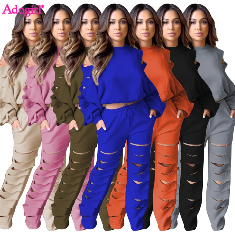 

Adogirl Solid Distreesed Hollow Out 2 Piece Sets Women Tracksuit Long Sleeve Sweatshirts Crop Top Pockets Pants Sport Suit