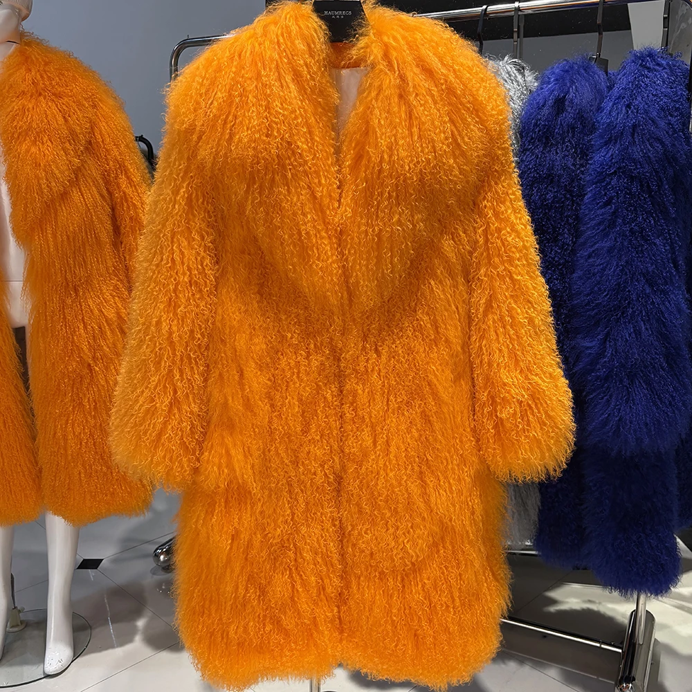 YOLOAgain 2025 Winter Warm Turn-Down Collar Real Mongolia Sheep Fur Jacket Long Women Plus Size 6XL Outerwear