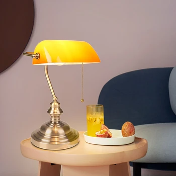 Bankers Desk Lamp with Pull Chain Switch, Amber Glass Shade Desk Lamps, Bronze Base,Vintage Library Lamp 6