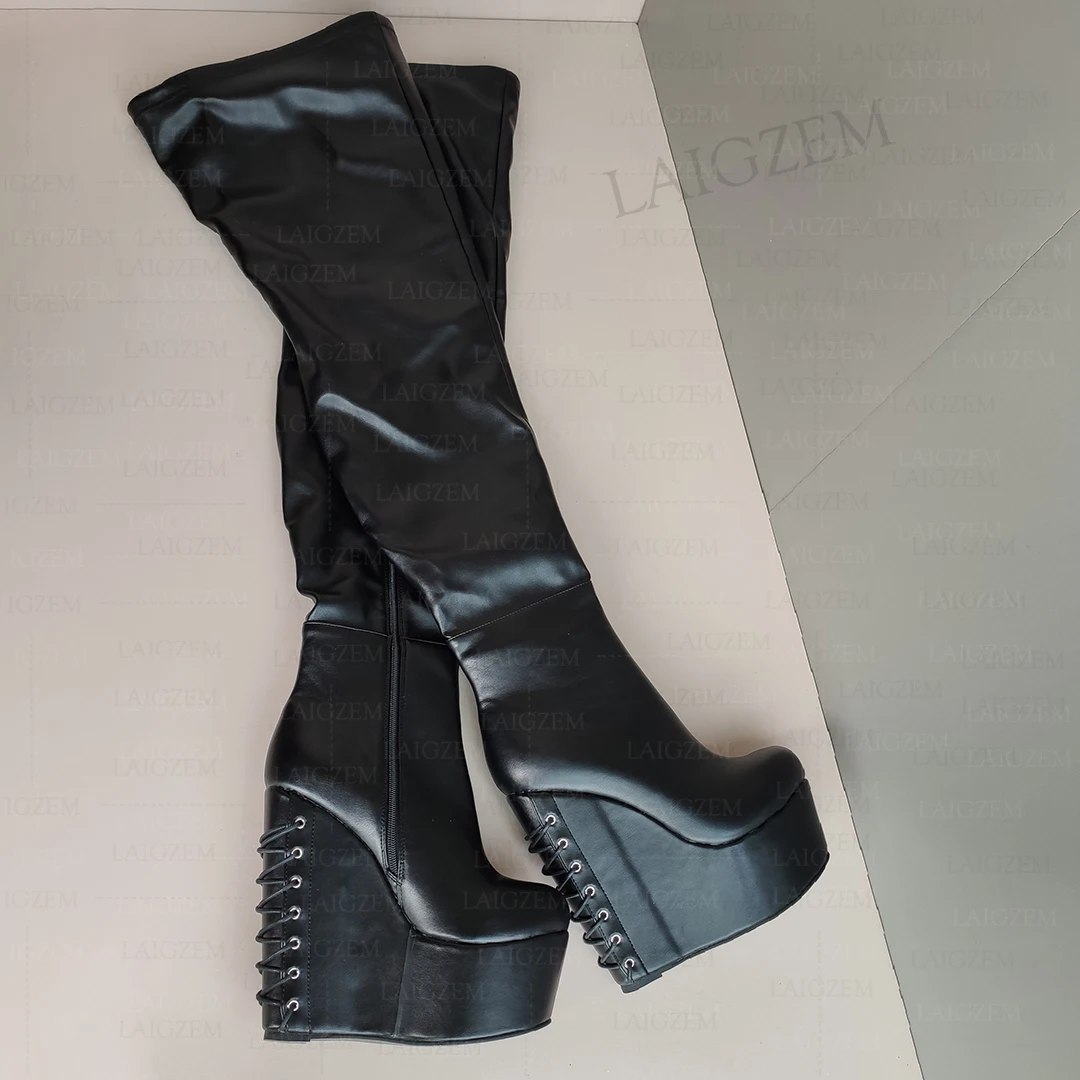 

BERZIMER Women Thigh High Boots Platform Wedges Faux Leather Over Knee Boots Side Zip Up 17CM Shoes Woman Plus Size 37 41 45 48