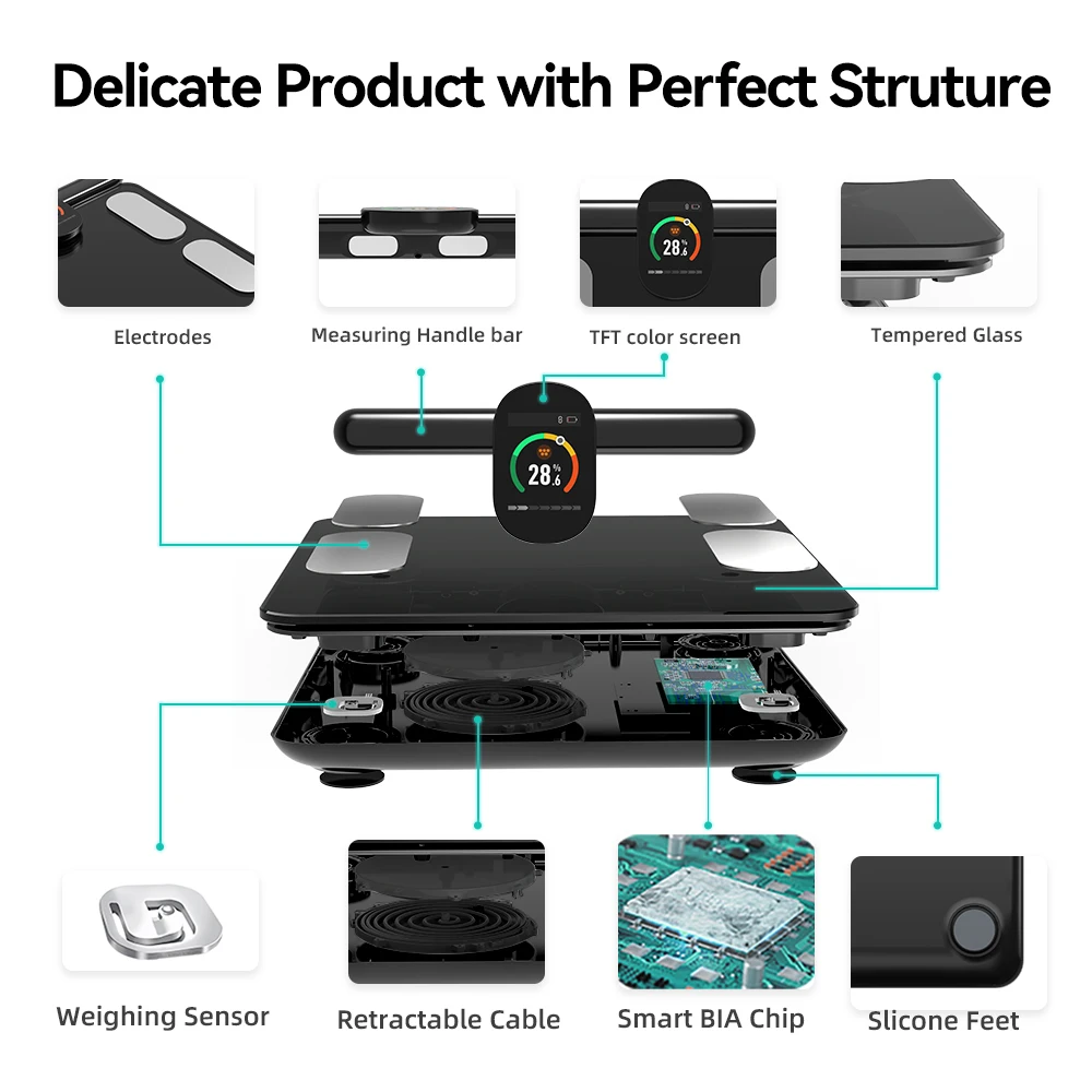 Weight Scale for Body Fat with Handle, 28 Precise Body Biological Analyzer, Digital Bathroom Weighing Bluetooth Scale