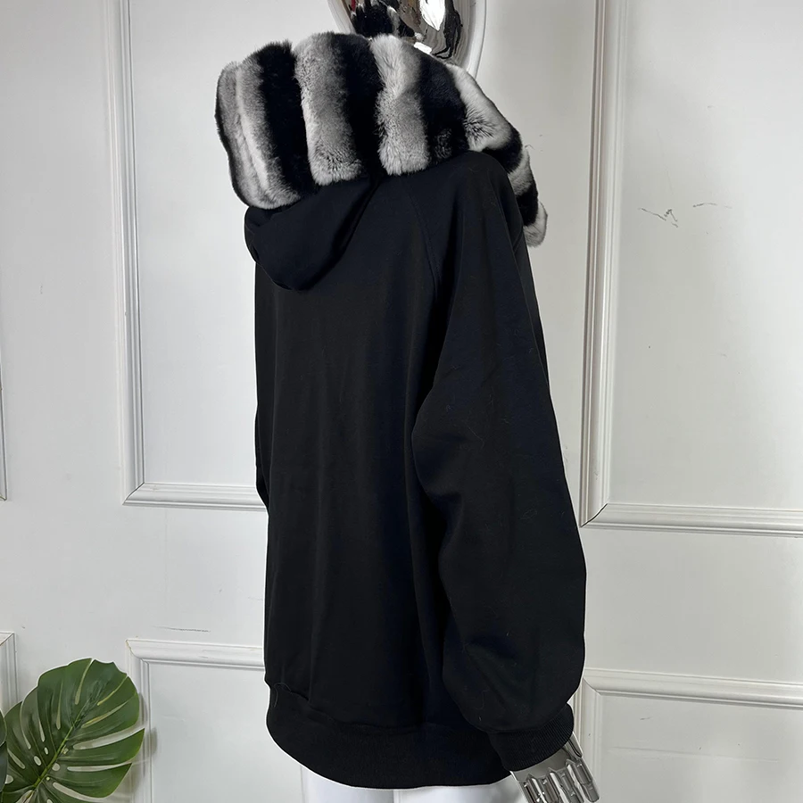 Sweat à Capuche Doublé Fourrure Lapin Rex - Noir - Taille Unique - Luxueux Et Confortable