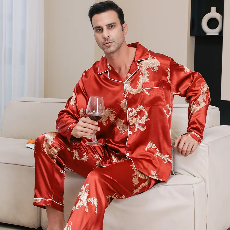 Nightwear Mens Red Satin Pajama Set Pajama Pants Mens Red Satin