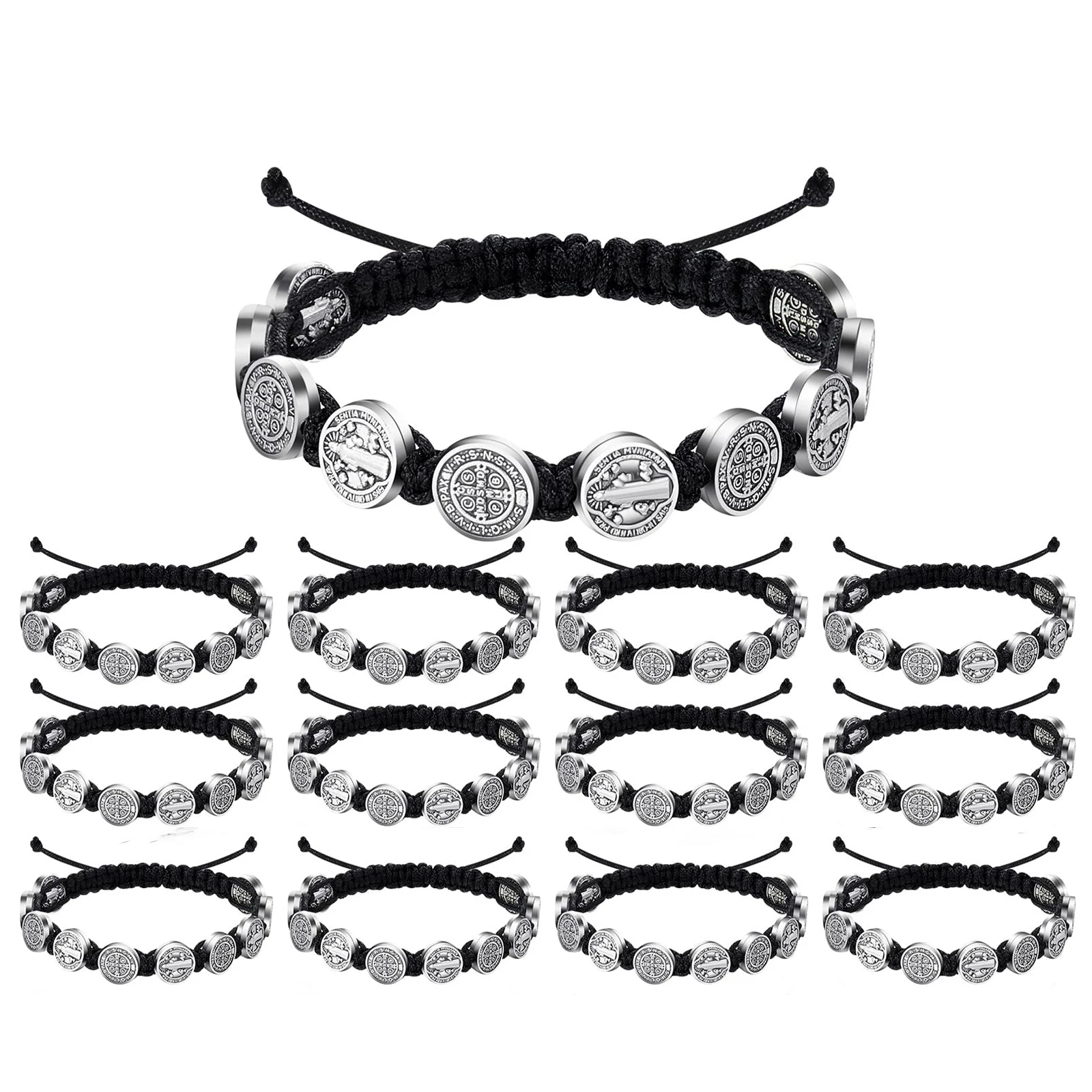 

12 Pieces/Pack San Benito Bracelets Benedict Wrist Bracelets Adjustable Medal Rosary Blessing Friendship Bracelet for Women Men