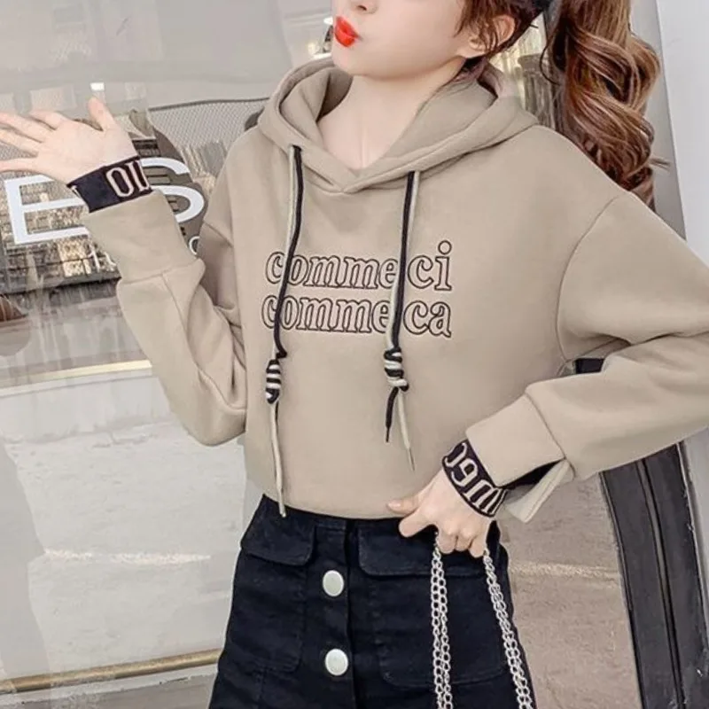 2023Women's Autumn New Winter Fashion Elegant Hooded Letter Drawstring Casual Versatile Long Sleeved Loose Plush Thick Hoodie