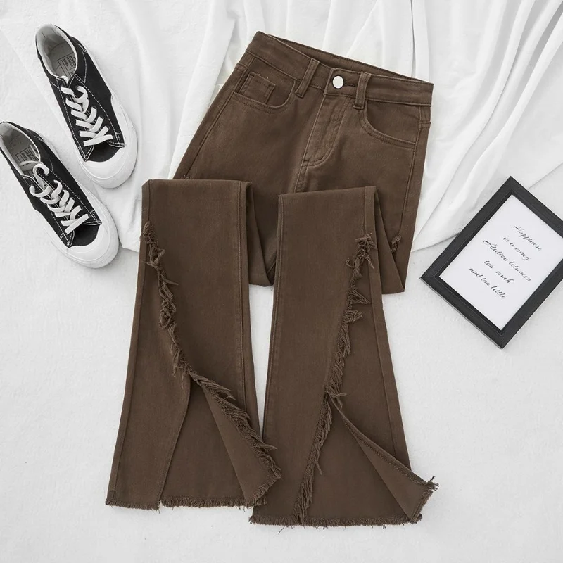 

Women Jeans Slit Slightly Flared Jeans Spring Autumn High Waist Slim Fit Leg Length Tassel Coffee Color Flared Mopping Pants