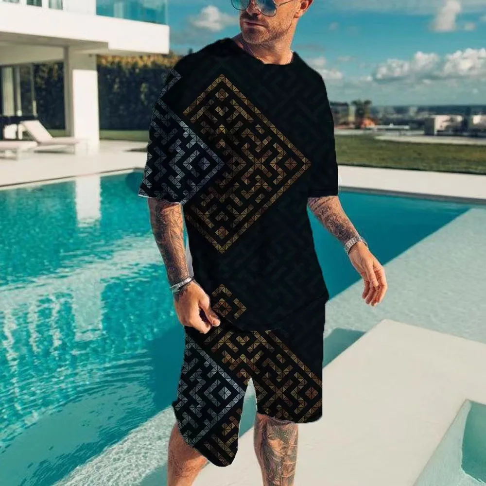 Summer Fashion Streetwear Tracksuits Plus Size Men\'s Vacation T-Shirt Set Luxury Printed Short-Sleeve Suit Designer Clothing