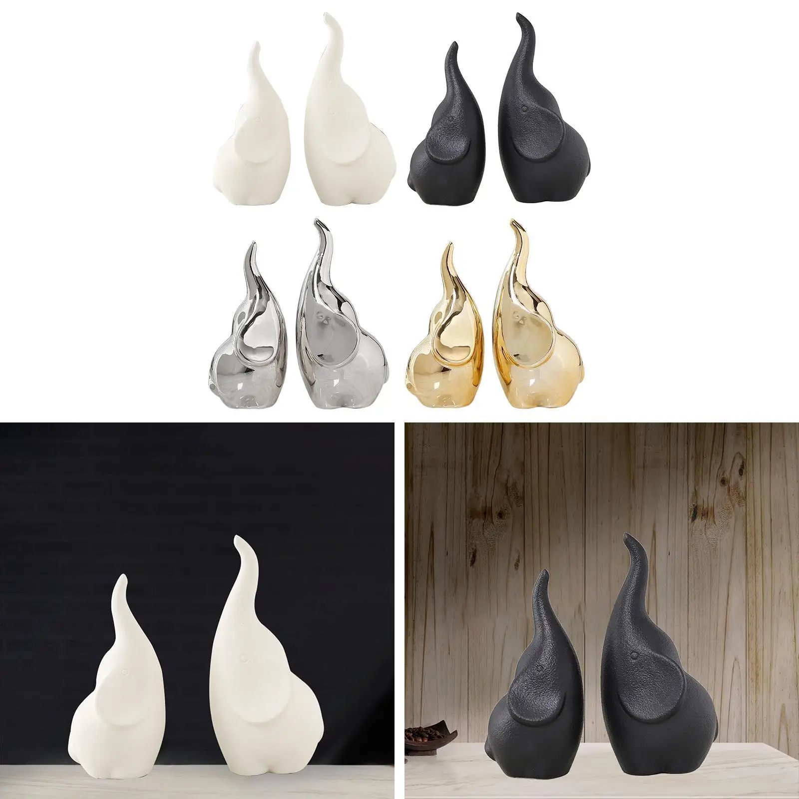 2x Elephant Figurine Sculpture Art Statuette Desk Animal Present Cute Ornament