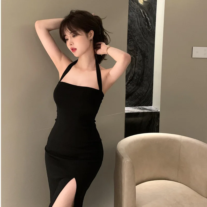 

Sexy One Shoulder Hanging Neck French Sling Dress Women's Summer Wrap Arm Split Mid length Temperament Dress