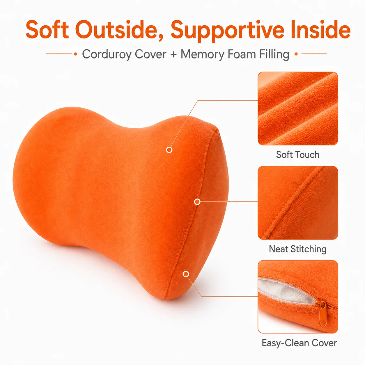 Ergonomic Memory Foam Neck Support Pillow with Soft Corduroy Cover, Removable & Washable, in Vibrant Orange Pink