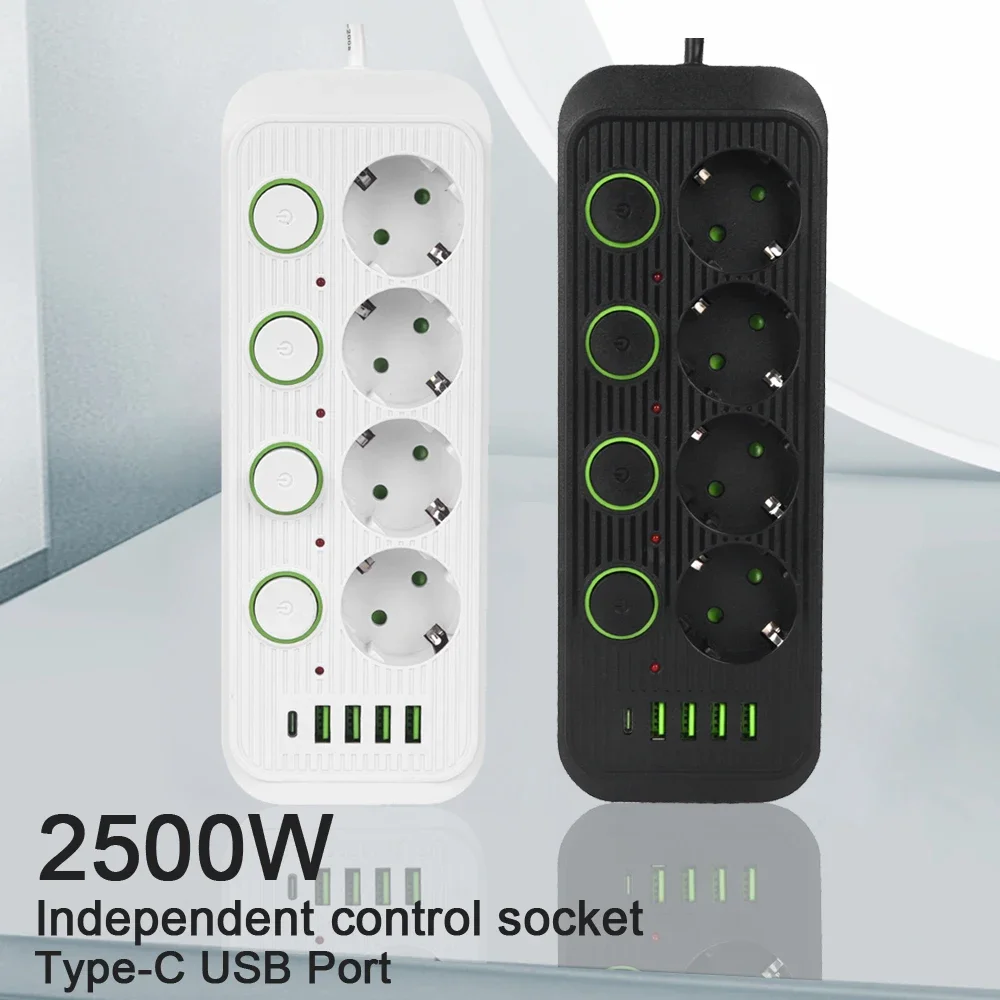 European Standard Power Strip with USB Ports and Network Filter, Individual Switch, EU Plug