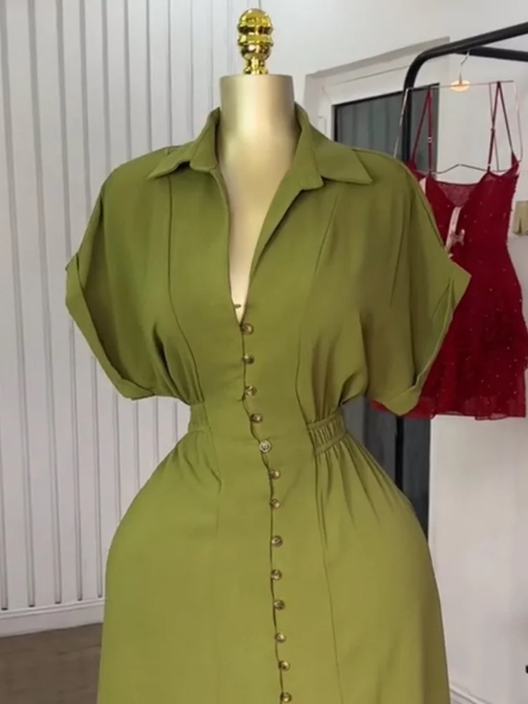Wmstar 2025 New Women Fashionable Elegant Dress Button Down Shirt Dress Scoop Neck  Short Sleeves Waist Cinching Split Dress