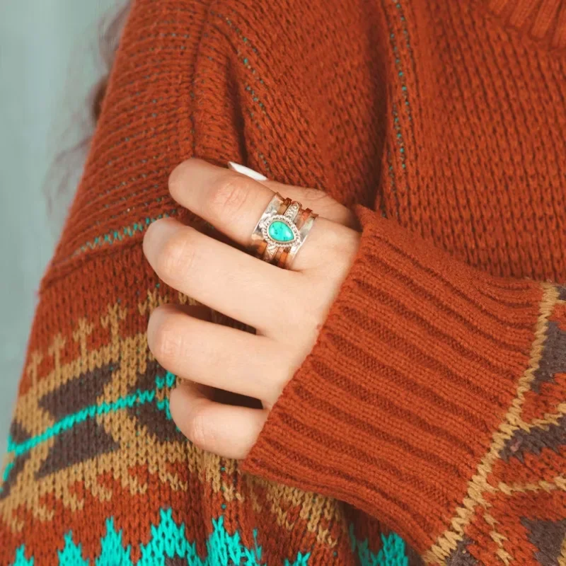 Bohemian Rings Vintage Turquoise Plated Tricolor Men's and Women's European and American Wedding Gemstone Rings