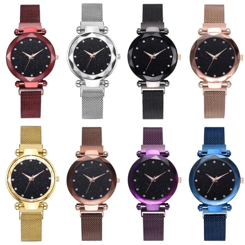 Women Rhinestone Starry Dial Stainless Steel Strap Lady Quartz Watch Fashion Simple Watch Strap Wristwatches Bracelet for Women 6