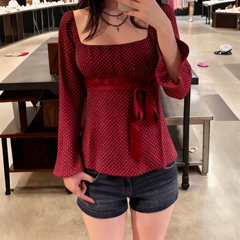 Women Y2k Fairy Square Neck Long Sleeve Babydoll Shirt Cute Polka Dot Bow Tie Peplum Top Preppy Aesthetic Fall Spring Outfit 1