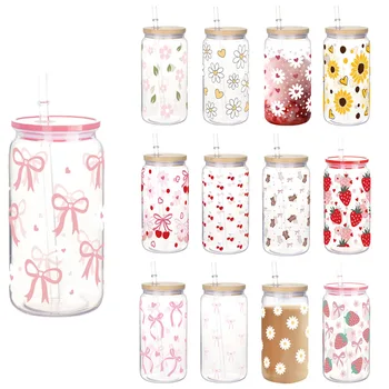 16oz Cute Bow Plastic Cup with Lid Bow Cherry Graffiti Pattern Water Bottle for Kitchen Coffee Straw Cups Beverage Juice Cups ﻿