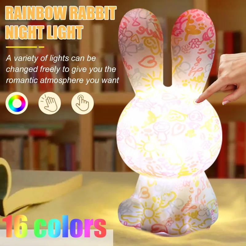 

Colorful Printing Bunny Night Light Cute Fluid Rabbit Lamp Touch Remote Control LED Light Baby Bedside Lamp Home Decor Kids Gift