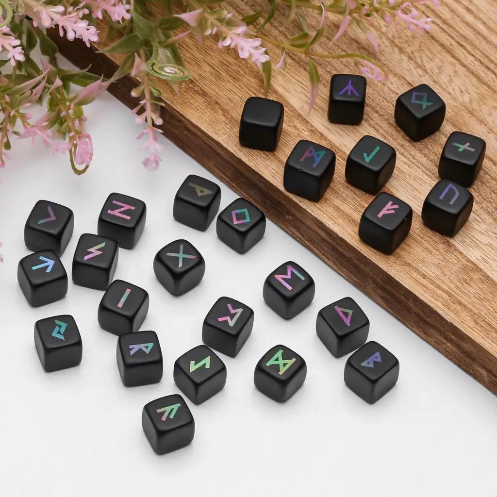 25Pcs/Set Black Obsidian Rune Stones With Titanium Engraved Elder Futhark Alphabet Symbol For Charka Balancing Meditation