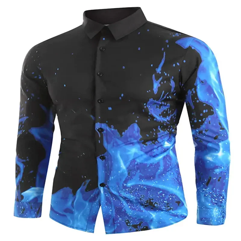 Fashion Tops Men's Shirt Flame Spark HD Pattern Printing Lapel Outdoor Street Long Sleeve Button Printing Clothing Clothing New