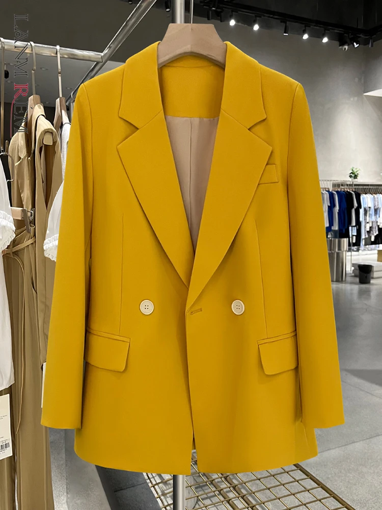 

LANMREM Office Lady Yellow Blazer Women Notched Collar Long Sleeves Double Breasted Coat Fashion 2023 Autumn New 2AA2443