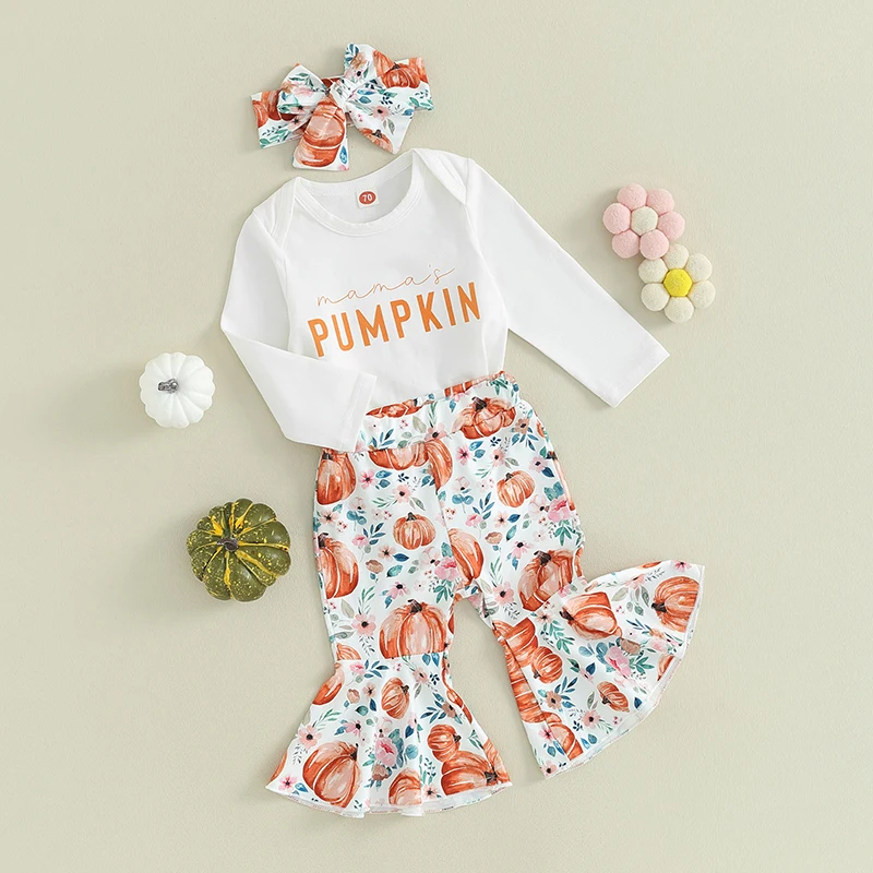 

Toddler Baby Girl Halloween Clothes Letter Print Long Sleeve Romper Pumpkin Flare Pants Bow Outfit