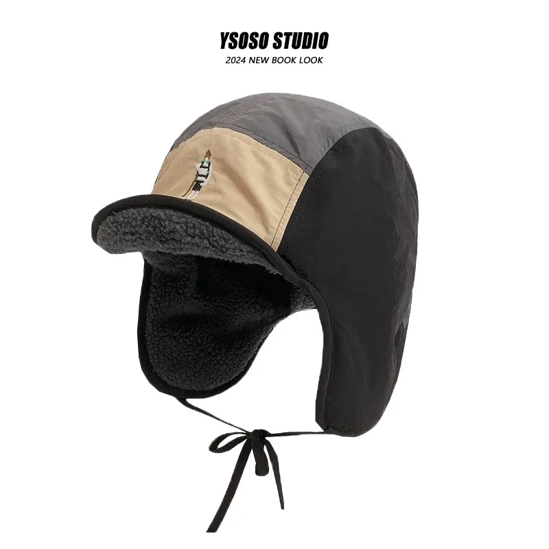 Korean Retro Embroidery Color Matching Bomber Hat for Men Women Autumn Winter Fleece Warm Versatile Ear Protection Ski Pilot Cap winter hat knitted hat fashion hat earflap hat