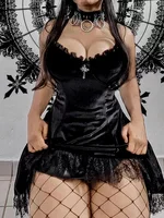 Velvet Gothic Sexy Black Mini Dress Women Vintage Spaghetti Strap High Waist Dresses Aesthetic Elegant Goth Party Club Dress - Image 6