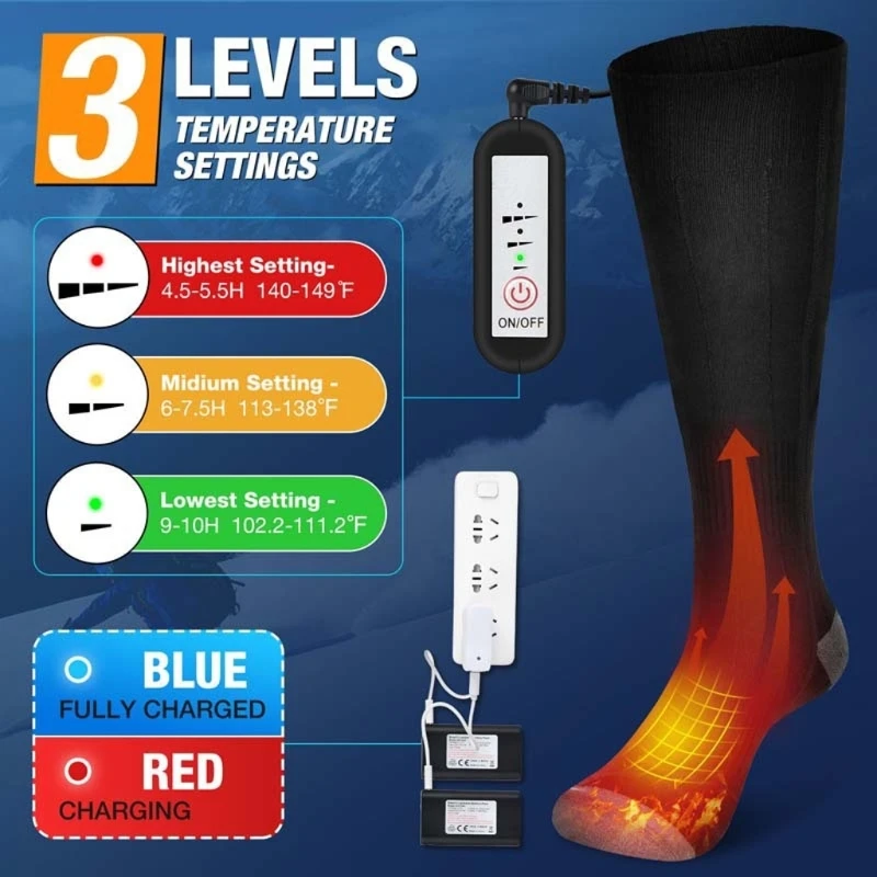 Electric USB Winter Warm Heated Socks Foot Warmer with 3 Levels Temperature Adjustment for Women Men Outdoor Sports