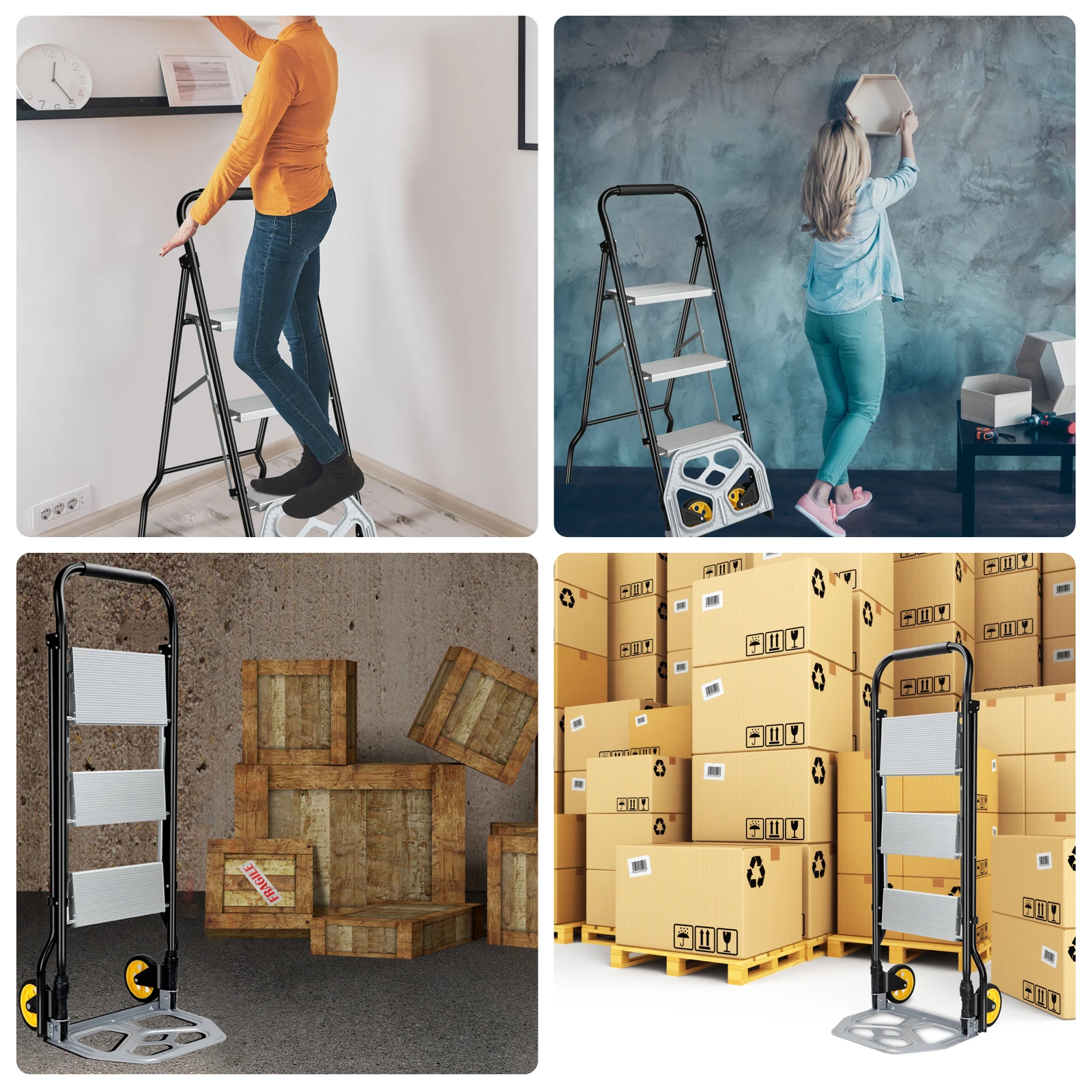 POWSTR Folding Sack Truck & 3/2 Step Ladder 2 in 1 Aluminum Sack Trolley with Foldable Wheels for Moving Luggages