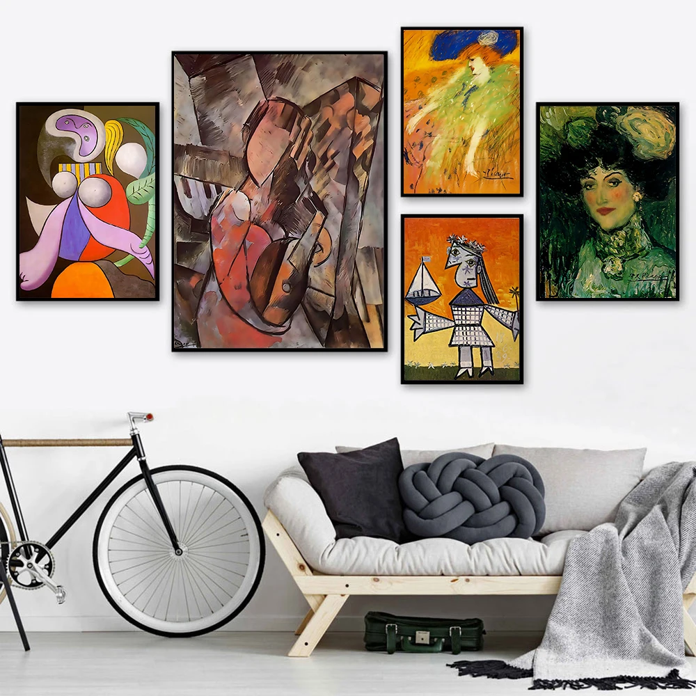 

Picasso's Abstract Canvas Painting Poster Famous Pictures Wall Art Living Room Untitled Womman Flower Hat Mandolin Home Decor