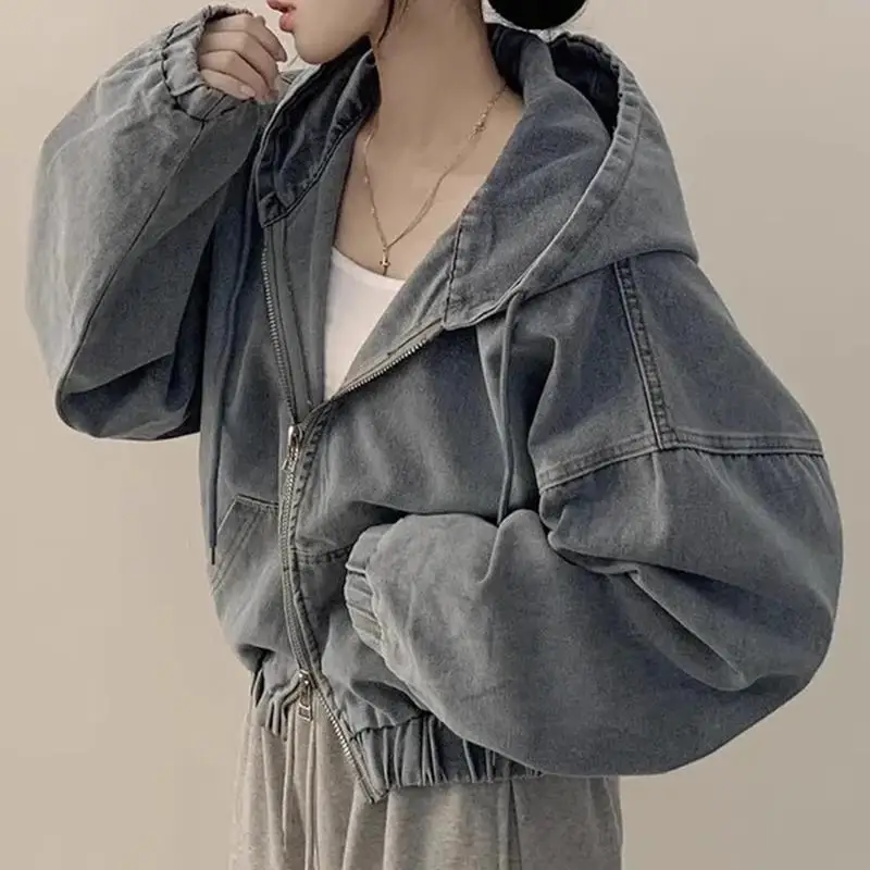 Matakawa Denim Jackets Women Hooded Spring Autumn Solid Korean Fashion Chaquetas Vintage Loose Zipper Ropa De Mujer Tops 1