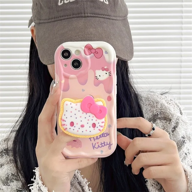 Funda de teléfono suave para Samsung Galaxy S23 Ultra S22 Plus S21 S20 FE S24 A21S A31 A51 A10 A30S A50 Hello Kitty Grip Tok Holder Wave