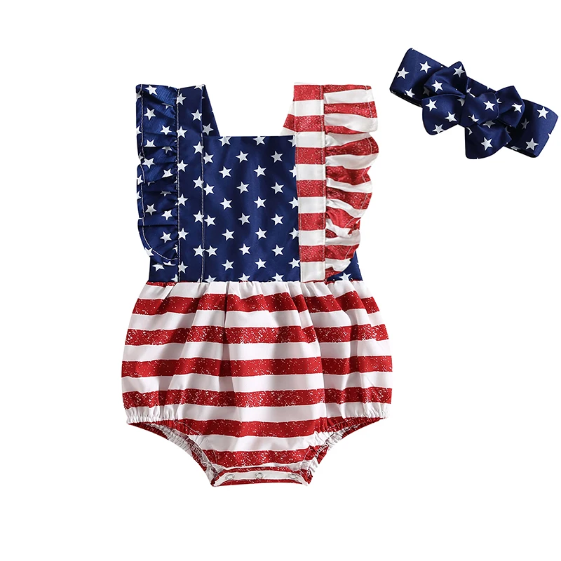 

Baby Girl 4th of July Outfit American Flag Bubble Romper Sleeveless Bodysuit My First Fourth of July Outfit