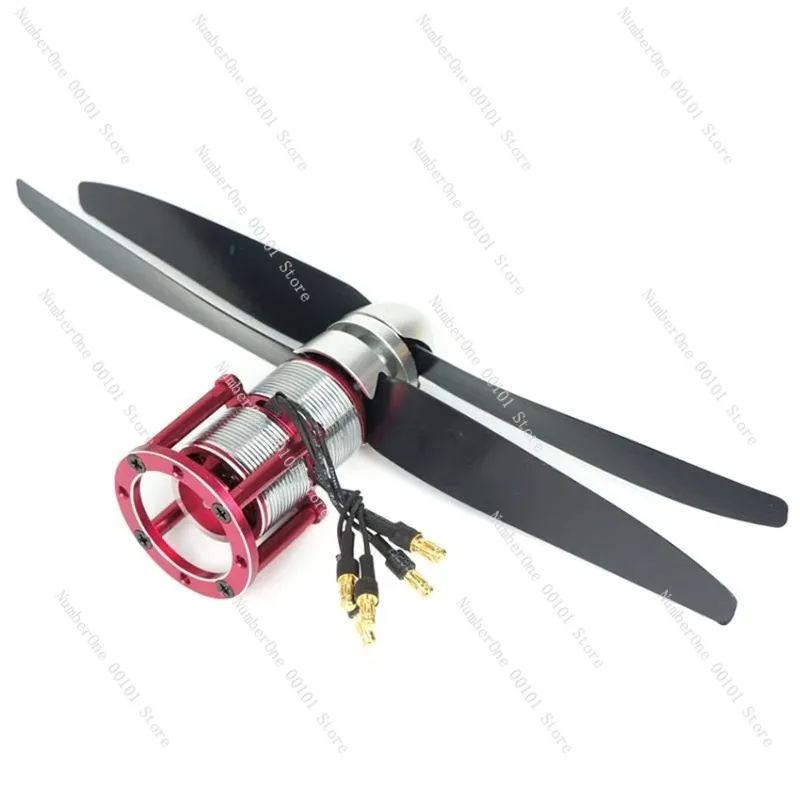 Moteur rotatif coaxial double hélice pour avion RC installé sur un support, prêt à être monté.