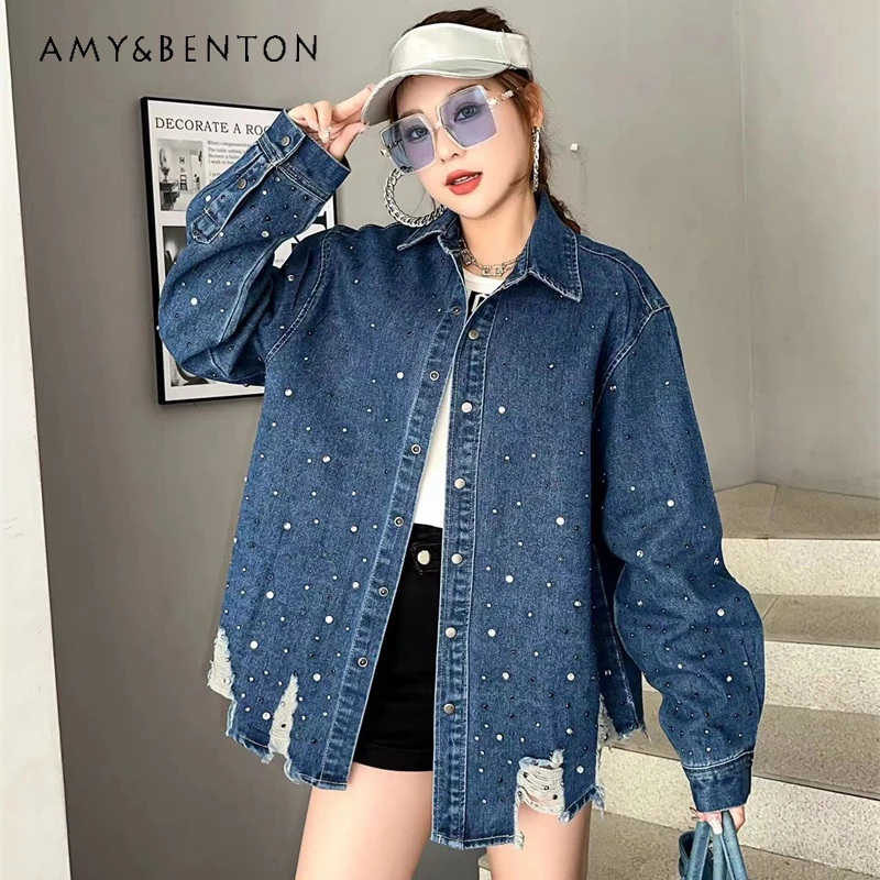Fashion Sweet Cool Ripped Jeans Coat Heavy Embroidery Diamond Drills Street Bf Style Loose Retro Washed Denim Shirt Jacket Women
