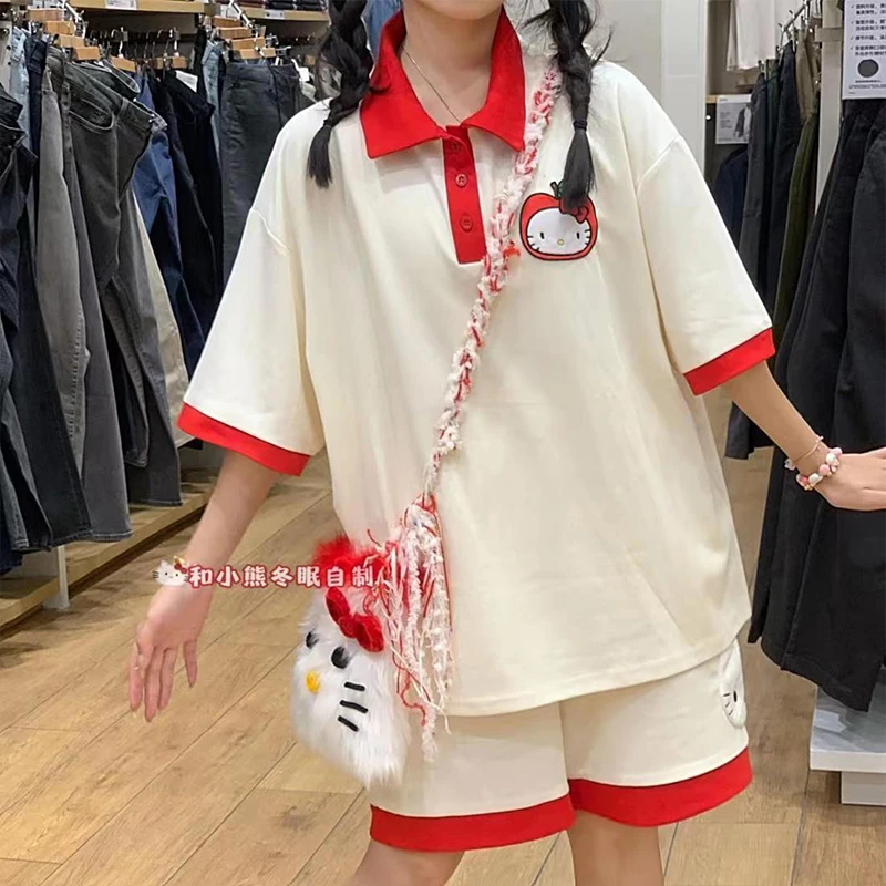

Sanrio Casual 2-Piece Set Cute Hellokitty Little Apple Embroidery Summer New Sweet Soft Sister Color Contrast Five Minute Shorts