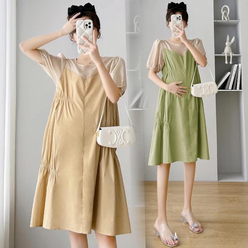 

2024 Summer Maternity Dress Ruffles Patchwork Pregnant Women's Knee-length Dress Sweet Pregnancy Mermaid Trumpet Green Yellow
