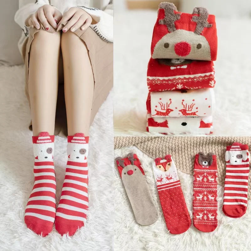 

New Christmas Socks New Year Festive Women's Socks Japanese Cotton Socks Three-dimensional Cartoon Elk Lady's Socks