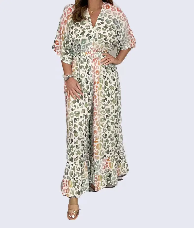 Sexy V Neck Backless Jumpsuits Romper Women 2023 Summer Casual Loose Playsuit Elegant Half Sleeve High-Waisted Print Jumpsuits