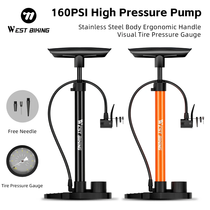 WEST BIKING 160PSI Bike Pump With Gauge Portable Stainless Steel Bike Pump Schrader Presta Valve Inflator Bike Accessories
