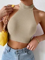 Knit Sleeveless Halter Tops for Women Basics Solid Slim Fitted Crop Womens Turtleneck Ribbed Vest Y2K High Neck Tank Tops - Image 4